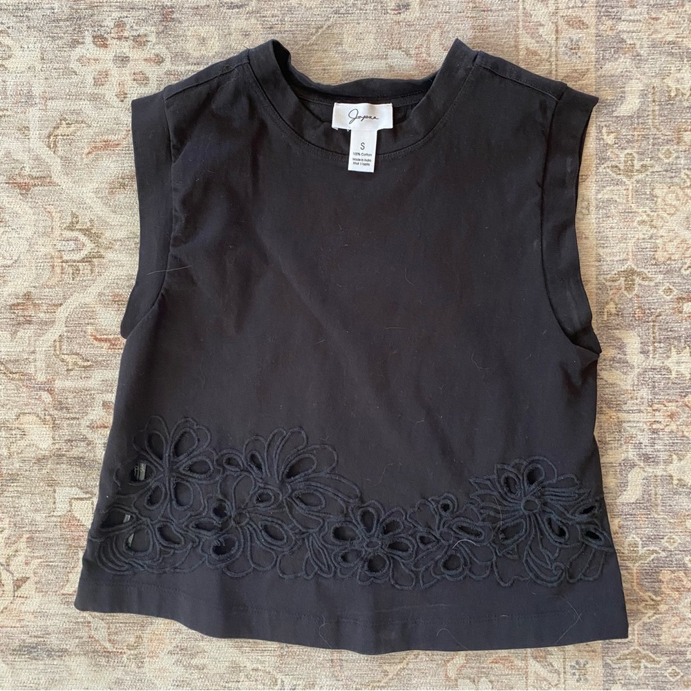 Japna Black Sleeveless Tank Top with Floral Cutouts • Crop